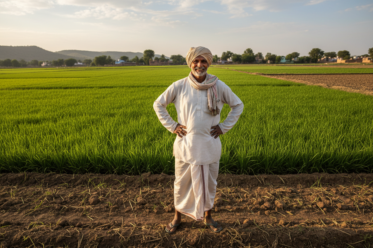 Creat a farmer image with standing in his land